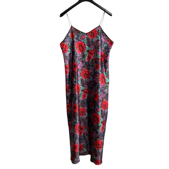 Vintage Slip‎ Dress Womens L Red Satin Floral Maxi Paisley Nightgown 90s Y2K - Picture 1 of 6